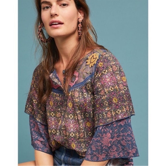 NWT Anthropologie Cuitadella top size Large; lace overlay embroidered flowers - Picture 3 of 16